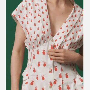 ANTHROPOLOGIE Sz XL V-Neck Midi Dress White w/ Red Pineapples